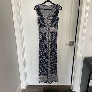 Max Studio Navy Blue Printed Maxi Dress with Teal and Coral Accents